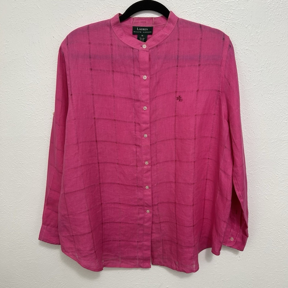 Lauren Ralph Lauren Pink Windowpane Linen Button Up Shirt 1X Band Collar Preppy